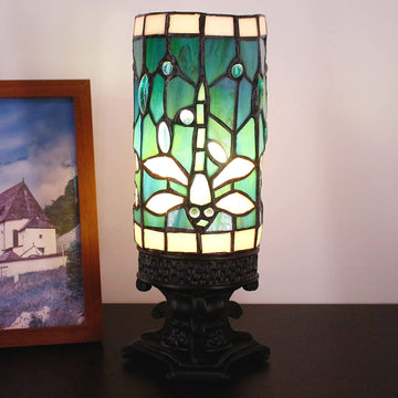 WERFACTORY Small Tiffany Lamp Mini Stained Glass Table Lamp Wide 4 Tall 10 Inch Green Blue Dragonfly Style Desk Night Light